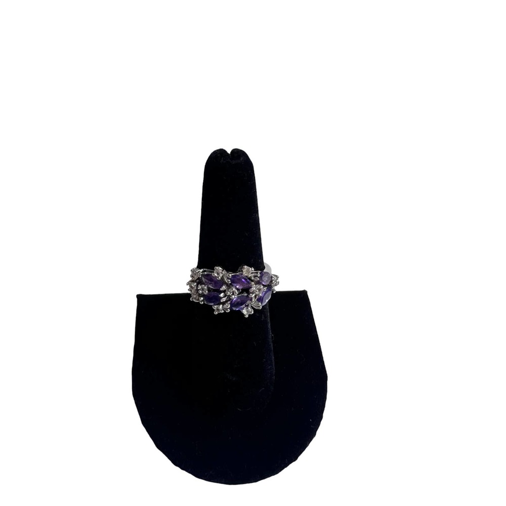 Purple And‎ Silver Clear Crystal flower cluster ring size 7